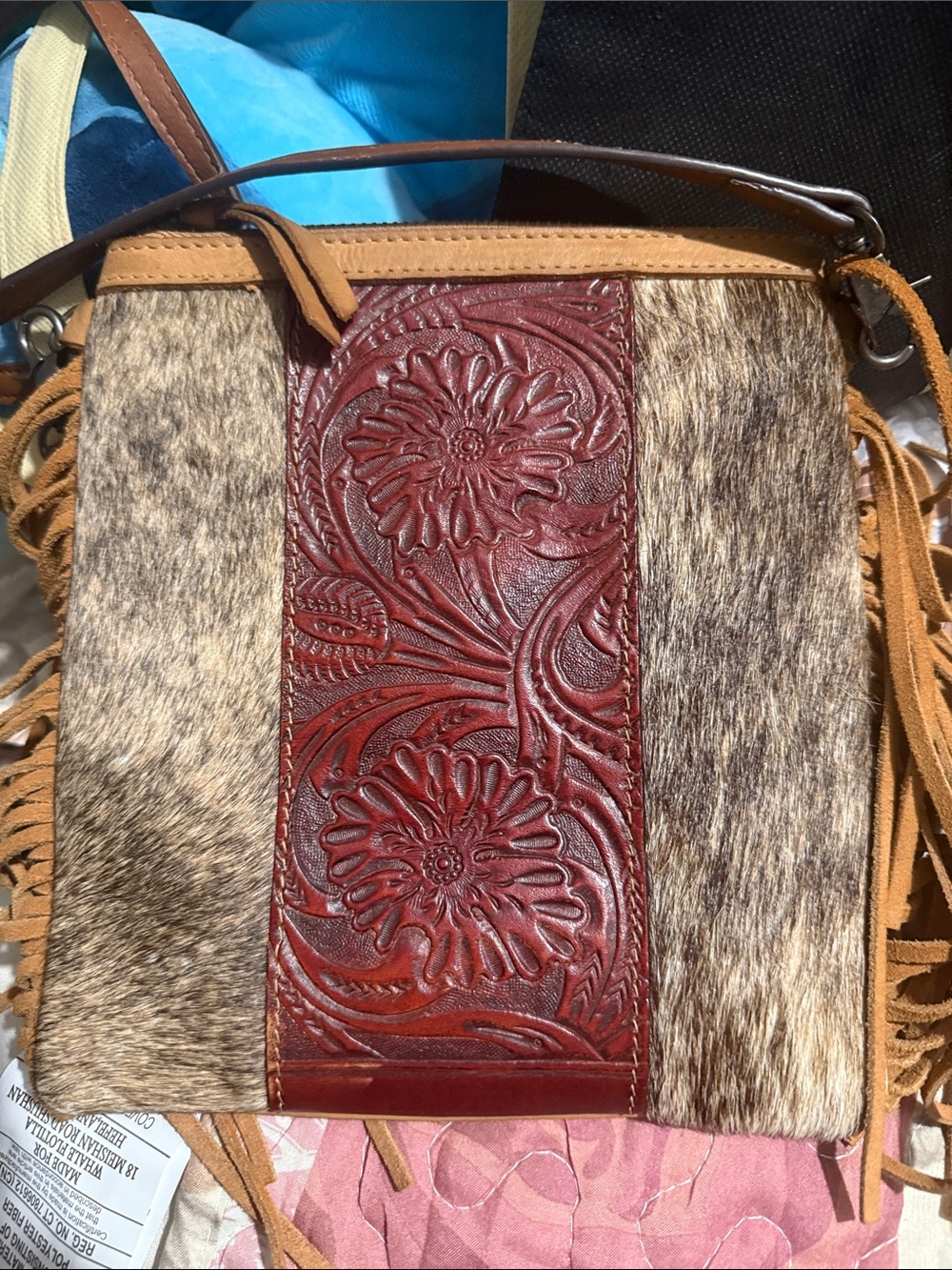 Source Unknown Brown Hair-On Leather Crossbody with Burgundy Tooled Panel